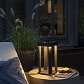 Cannes LED IP54 draadloze lounge/tafel/vloer/terraslamp roestbruin 15x42cm bxh, USB base en USB 1.5m oplaadsnoer, touch switch, traploze dimmer 5-100%, 3 lichtstanden (ambiance/functional/combi), 2700K of 3000K (extra) warmwit, 2x Lithium batterij 2200mA,