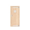 Vuren dichte enkele deur met ruitje 90x201 cm. rechtsdraaiend verzinkte hengen RVS beslag onbehandeld. ~