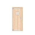 Vuren dichte enkele deur met ruitje 90x201 cm. linksdraaiend verzinkte hengen RVS beslag kleurloos geimpregneerd. ~