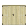 Vuren dichte dubbele deur 250x209 cm. zwarte hengen zwart beslag groen geimpregneerd. ~