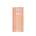 Douglas dichte enkele deur met ruitje 90x201 cm. rechtsdraaiend verzinkte hengen RVS beslag kleurloos geimpregneerd. ~