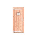 Douglas dichte enkele deur met ruitje 90x201 cm. linksdraaiend verzinkte hengen RVS beslag onbehandeld. ~