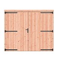 Douglas dichte dubbele deur 250x209 cm. zwarte hengen zwart beslag onbehandeld. ~