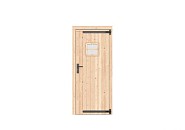 Vuren dichte enkele deur met ruitje 90x201 cm. rechtsdraaiend zwarte hengen zwart beslag kleurloos geimpregneerd. ~