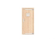 Vuren dichte enkele deur met ruitje 90x201 cm. rechtsdraaiend verzinkte hengen RVS beslag kleurloos geimpregneerd. ~