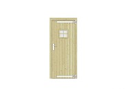Vuren dichte enkele deur met ruitje 90x201 cm. rechtsdraaiend verzinkte hengen RVS beslag groen geimpregneerd. ~