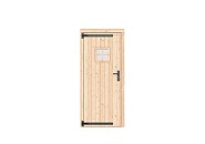 Vuren dichte enkele deur met ruitje 90x201 cm. linksdraaiend zwarte hengen zwart beslag kleurloos geimpregneerd. ~
