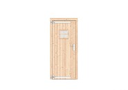 Vuren dichte enkele deur met ruitje 90x201 cm. linksdraaiend verzinkte hengen RVS beslag kleurloos geimpregneerd. ~