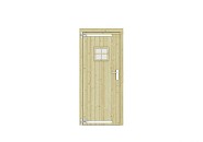 Vuren dichte enkele deur met ruitje 90x201 cm. linksdraaiend verzinkte hengen RVS beslag groen geimpregneerd. ~