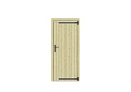 Vuren dichte enkele deur 90x201 cm. rechtsdraaiend verzinkte hengen RVS beslag kleurloos geimpregneerd. ~