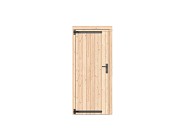 Vuren dichte enkele deur 90x201 cm. linksdraaiend zwarte hengen zwart beslag kleurloos geimpregneerd. ~