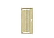 Vuren dichte enkele deur 90x201 cm. linksdraaiend verzinkte hengen RVS beslag groen geimpregneerd. ~