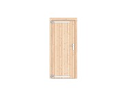Vuren dichte enkele deur 90x201 cm. linksdraaiend verzinkte hengen RVS beslag kleurloos geimpregneerd. ~