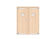 Vuren dichte dubbele deur 250x209 cm. zwarte hengen zwart beslag onbehandeld. ~