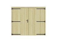 Vuren dichte dubbele deur 250x209 cm. zwarte hengen zwart beslag groen geimpregneerd. ~