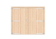 Vuren dichte dubbele deur 250x209 cm. verzinkte hengen RVS beslag kleurloos geimpregneerd. ~