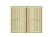 Vuren dichte dubbele deur 250x209 cm. verzinkte hengen RVS beslag groen geimpregneerd. ~