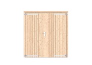 Vuren dichte dubbele deur 201x209 cm. verzinkte hengen RVS beslag kleurloos geimpregneerd. ~