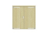 Vuren dichte dubbele deur 201x209 cm. verzinkte hengen RVS beslag groen geimpregneerd. ~