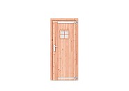 Douglas dichte enkele deur met ruitje 90x201 cm. rechtsdraaiend verzinkte hengen RVS beslag kleurloos geimpregneerd. ~
