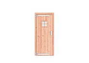 Douglas dichte enkele deur met ruitje 90x201 cm. linksdraaiend verzinkte hengen RVS beslag kleurloos geimpregneerd. ~