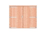 Douglas dichte dubbele deur 250x209 cm. verzinkte hengen RVS beslag onbehandeld. ~