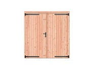 Douglas dichte dubbele deur 201x209 cm. zwarte hengen zwart beslag onbehandeld. ~