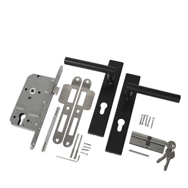 RVS luxe deurbeslagset zwart gecoat. SKG keurmerk met slotkast, cilinder, slot en duimen. ~