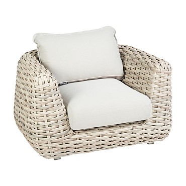Wakkanda Lounge Chair robuuste 20 mm PE draad. Swiss Fabrics all weather kussens Kubo (117x100x85 cm) ~