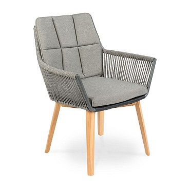 Lois Rope Chair met Teak legs. Swiss Fabrics all weather kussens Weersbestendig Olefin rope in rug / arm Aluminium / Teak (68x66x85 cm) ~