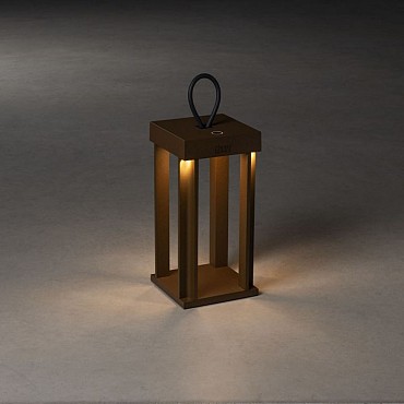 Cannes LED IP54 draadloze lounge/tafel/vloer/terraslamp roestbruin 15x42cm bxh, USB base en USB 1.5m oplaadsnoer, touch switch, traploze dimmer 5-100%, 3 lichtstanden (ambiance/functional/combi), 2700K of 3000K (extra) warmwit, 2x Lithium batterij 2200mA,