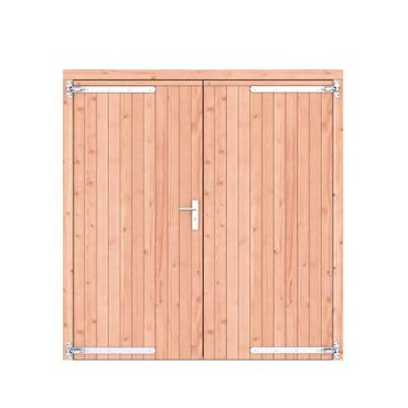 Douglas dichte dubbele deur 201x209 cm. verzinkte hengen RVS beslag onbehandeld. ~