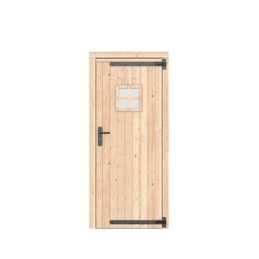 Vuren dichte enkele deur met ruitje 90x201 cm. rechtsdraaiend zwarte hengen zwart beslag kleurloos geimpregneerd. ~