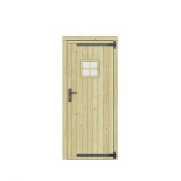 Vuren dichte enkele deur met ruitje 90x201 cm. rechtsdraaiend zwarte hengen zwart beslag groen geimpregneerd. ~
