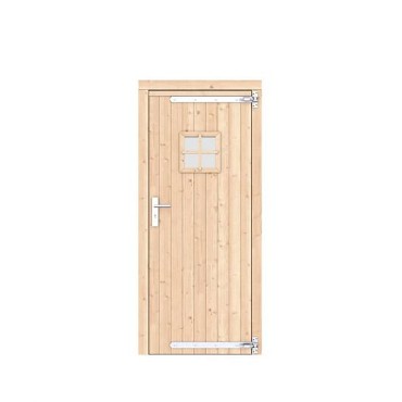Vuren dichte enkele deur met ruitje 90x201 cm. rechtsdraaiend verzinkte hengen RVS beslag kleurloos geimpregneerd. ~