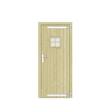 Vuren dichte enkele deur met ruitje 90x201 cm. rechtsdraaiend verzinkte hengen RVS beslag groen geimpregneerd. ~