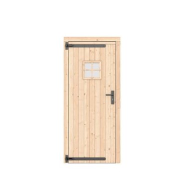 Vuren dichte enkele deur met ruitje 90x201 cm. linksdraaiend zwarte hengen zwart beslag kleurloos geimpregneerd. ~