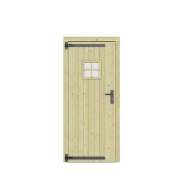 Vuren dichte enkele deur met ruitje 90x201 cm. linksdraaiend zwarte hengen zwart beslag groen geimpregneerd. ~