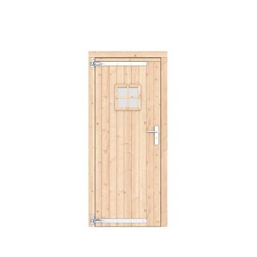 Vuren dichte enkele deur met ruitje 90x201 cm. linksdraaiend verzinkte hengen RVS beslag onbehandeld. ~