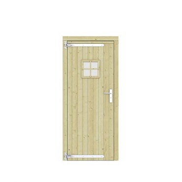 Vuren dichte enkele deur met ruitje 90x201 cm. linksdraaiend verzinkte hengen RVS beslag groen geimpregneerd. ~