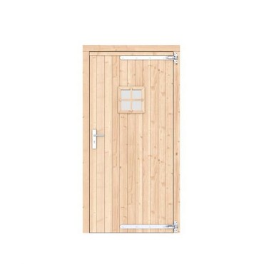 Vuren dichte enkele deur met ruitje 108x209 cm. rechtsdraaiend verzinkte hengen RVS beslag kleurloos geimpregneerd. ~