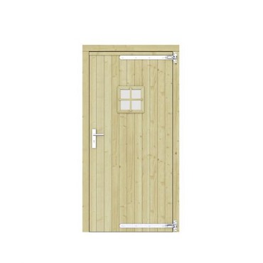 Vuren dichte enkele deur met ruitje 108x209 cm. rechtsdraaiend verzinkte hengen RVS beslag groen geimpregneerd. ~
