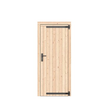 Vuren dichte enkele deur 90x201 cm. rechtsdraaiend zwarte hengen zwart beslag kleurloos geimpregneerd. ~