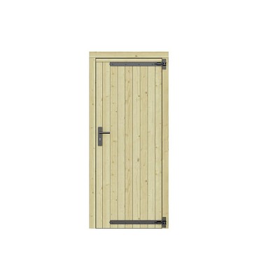Vuren dichte enkele deur 90x201 cm. rechtsdraaiend zwarte hengen zwart beslag groen geimpregneerd. ~