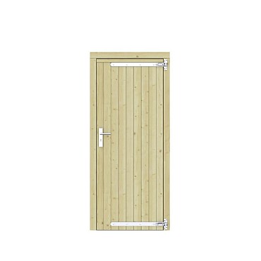 Vuren dichte enkele deur 90x201 cm. rechtsdraaiend verzinkte hengen RVS beslag groen geimpregneerd. ~