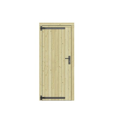 Vuren dichte enkele deur 90x201 cm. linksdraaiend zwarte hengen zwart beslag groen geimpregneerd. ~