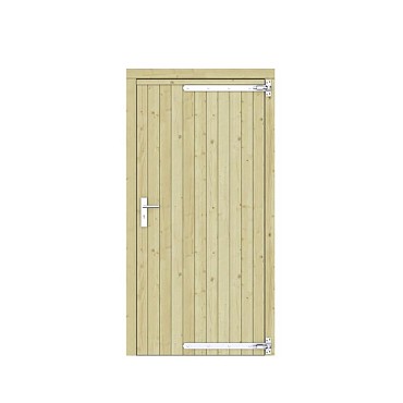 Vuren dichte enkele deur 108x209 cm. rechtsdraaiend verzinkte hengen RVS beslag groen geimpregneerd. ~