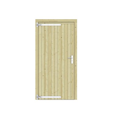 Vuren dichte enkele deur 108x209 cm. linksdraaiend verzinkte hengen RVS beslag kleurloos geimpregneerd. ~