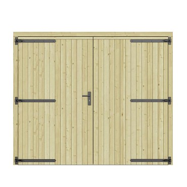 Vuren dichte dubbele deur 250x209 cm. zwarte hengen zwart beslag groen geimpregneerd. ~