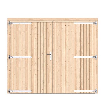 Vuren dichte dubbele deur 250x209 cm. verzinkte hengen RVS beslag onbehandeld. ~